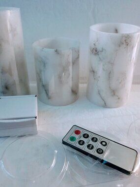 Set of 3 Vena Marble Pillar Candles by Lamplust